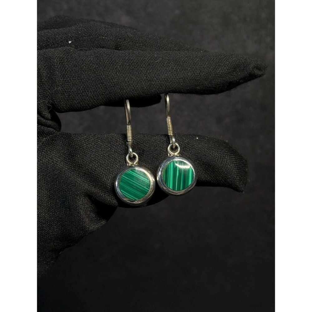 Taxco Sterling Silver Striped Malachite Drop Earrings Vintage Mexico